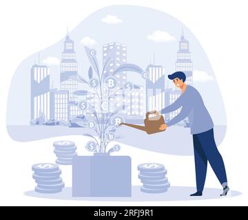 Business Development, Growing Startup, Entrepreneur Watering Money Tree. Investment, Profit Growth, flat vector modern illustration Stock Vector