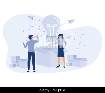 Banner Successful Launch New Idea, Incandescent in Form Rocket Takes off from Large Box, Successful Idea or Project, flat vector modern illustration Stock Vector