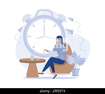 Time to Take Break and Relax, Woman Characters Drinking Coffee Have Rest over Big Clock, flat vector modern illustration Stock Vector