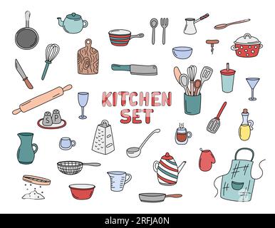 Kitchen doodles vector set of isolated elements. Cute doodle illustrations collection of cooking utensils. Hand drawn kitchenware for home. Colorful Stock Vector