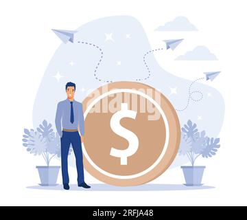 Earning, saving and investing money. Businessman is standing near a big dollar coin, flat vector modern illustration Stock Vector