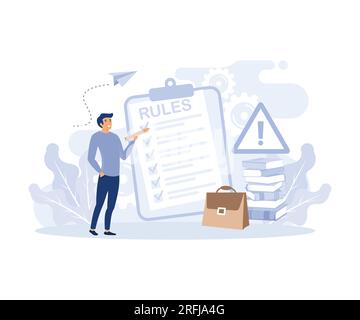 Rules and regulations, employee policies and guidelines, standard procedure concepts. Businessman studying list of rules, flat vector modern illustrat Stock Vector