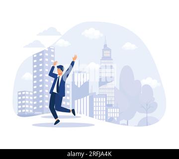 Young Man in Business Suit, Triumphing Over His Victory or Finding Solution to His Problem, Jumping for Joy with His Luck, flat vector modern illustra Stock Vector