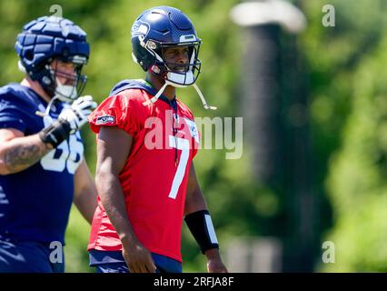 A Seattle Seahawks helmet rests on the field during NFL football practice  Monday, May 23, 2022, in Renton, Wash. (AP Photo/Ted S. Warren Stock Photo  - Alamy