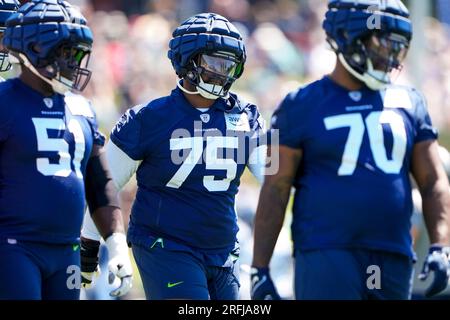 Seattle Seahawks center Evan Brown looks on during the NFL football team's  training camp, Wednesday, Aug. 9, 2023, in Renton, Wash. (AP Photo/Lindsey  Wasson Stock Photo - Alamy