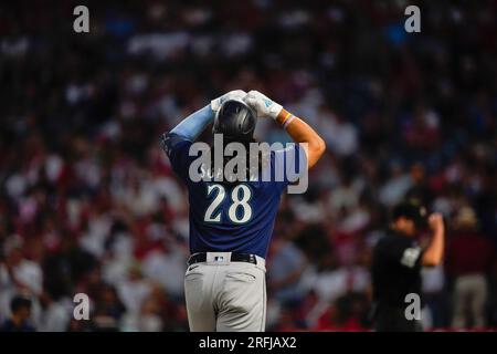 Seattle Mariners' Eugenio Suarez runs the base path against the Boston Red  Sox in a baseball game, Tuesday, Aug. 1, 2023, in Seattle. (AP  Photo/Lindsey Wasson Stock Photo - Alamy