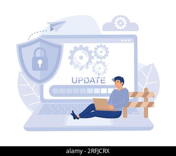 system maintenance, update program and application, technology, engineer, error, fixing a trouble, device updating, flat vector modern illustration Stock Vector