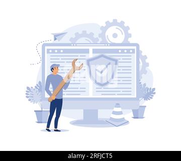 system maintenance, update program and application, technology, engineer, error, fixing a trouble, device updating, flat vector modern illustration Stock Vector