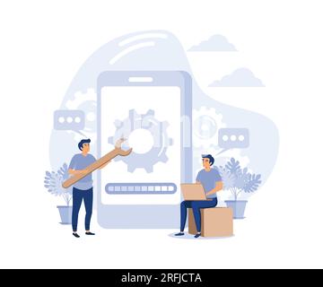 system maintenance, update program and application, technology, engineer, error, fixing a trouble, device updating, flat vector modern illustration Stock Vector