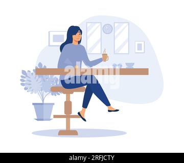 Girl having lunch during break in cozy dining room. Hot nutrition soup bowl and fresh sweet apple. flat vector modern illustration Stock Vector