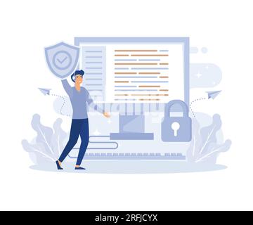 cyber security, Database, cyber security, control, protection of computer services and electronic information, flat vector modern illustration Stock Vector