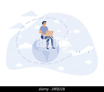 Tourism, global business and education concept. Man with laptop sitting on planet earth globe, flat vector modern illustration Stock Vector