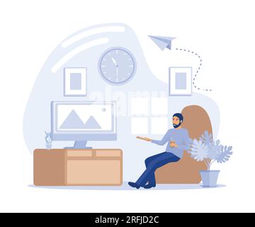 Man resting behind TV at home, watching TV and eating snacks - daily usual routine action, flat vector modern illustration Stock Vector