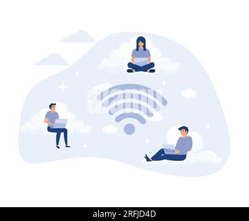 Wireless Connection, Man and Woman Working, Social Networking and Chatting Using Cloud Storage, flat vector modern illustration Stock Vector