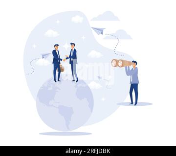 International Business Concept, Men Shaking Hands Standing on Globe, Looking at People with Telescope and Binoculars. flat vector modern illustration Stock Vector
