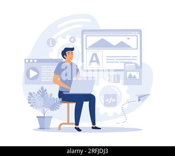 Web designer concept, Man working with website layout, places images and other graphic elements, optimized page code, flat vector modern illustration Stock Vector