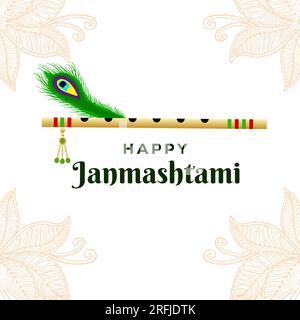 vector happy janmashtami illustration with peacock feather and flute Stock Vector