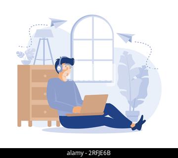 working at home. Work at the desk. Work in the living room. Working by the window. flat vector modern illustration Stock Vector