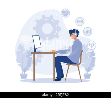 Professional workspace , employee care. Modern workplace, health-focused IOT desk, fitness-focused workspace, flat vector modern illustration Stock Vector