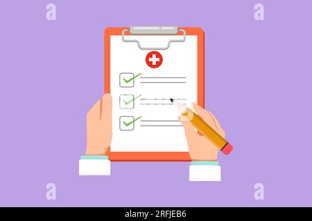 Cartoon flat style drawing clipboard in hand doctor. Doctor takes notes in clipboard with pen or pencil. Medical report background. Patient care check Stock Photo