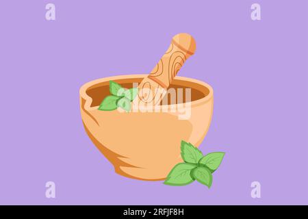 Character flat drawing stylized mortar and pestle vintage logo, icon, label, symbol. Ayurvedic medicine bowl. Herbal medicine concept. Isolated on blu Stock Photo