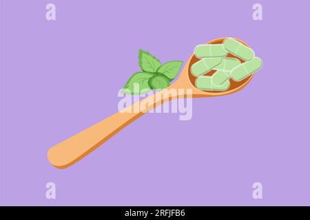 Cartoon flat style drawing herbal capsules on wooden spoon logo, icon, label, symbol. Herbs medicine in capsules from sweet basil. Vitamin capsule in Stock Photo