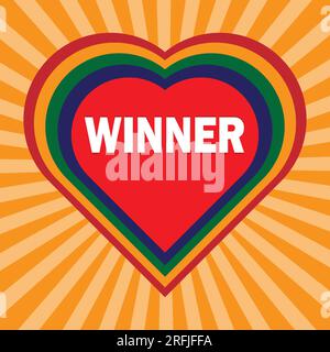 Winner banner. Red heart with inscription WINNER on orange rays background. Winners lottery game jackpot prize logo vector background illustration Stock Vector