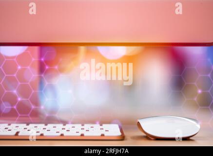 Workspace with keyboard and mouse on wooden desk, with empty space for creativity, typing on the laptop. Stock Photo