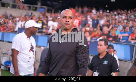 New York Jets' Robert Saleh gives a press conference before an NFL practice  session at Hanbury Manor Marriott Hotel and Country Club near the town of  Ware, in south east England, Friday