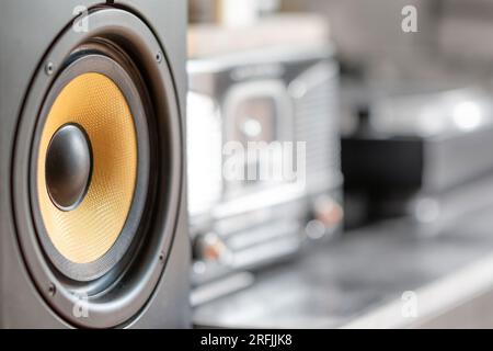 Sound Speaker. Loud Music Volume Concept Background. Professional studio equipment subwoofer close-up. High quality acoustic loudspeaker monitor. Hi-F Stock Photo