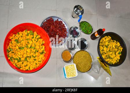 Image of Ingredients for Making Homemade Mango Pickle or Aam Ka Achar, Pune, Maharashtra, India. Stock Photo