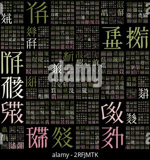 Premium Background Design. Design using random characters of old Tangut alphabet. Gradiented matrix pattern. Green pink color theme backgrounds. Stock Vector