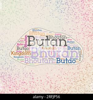 Bhutan shape with country names word cloud in multiple languages. Bhutan border map on trendy triangles scattered around. Stock Vector