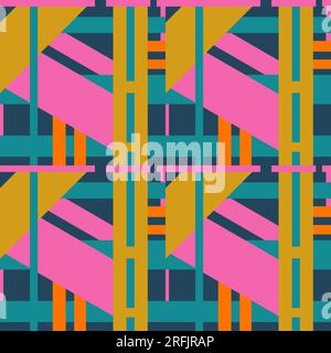 Hand drawn seamless pattern with abstract geometric 1980s 80s bold colorful print. Funky memphis hipster pink teal navy yellow eighties fashio art, modern contemporary bauhaus texture Stock Photo