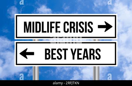 Midlife crisis or best years road sign on blue sky background Stock Photo