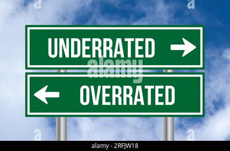 Underrated or overrated road sign on blue sky background Stock Photo ...