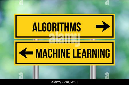 Algorithms or machine learning road sign on cloudy sky background Stock ...