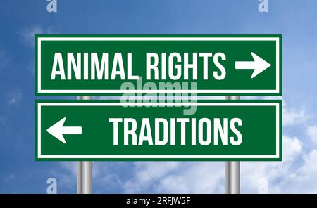 Animal rights or traditions road sign on blue sky background Stock ...