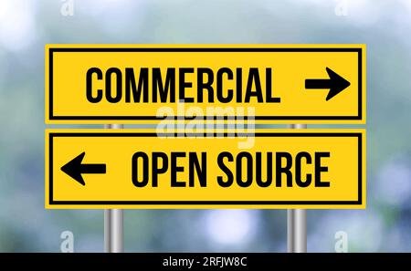 Commercial or open source road sign on blur background Stock Photo
