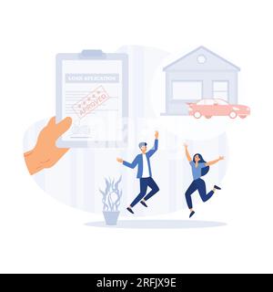 Hand holds loan approval application paper sheets document, Mortgage or credit form with stamp approved, flat modern vector illustration Stock Vector