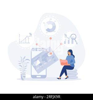 Virtual finance concept with outline people. Man manages personal finances in personal account. flat modern vector illustration Stock Vector