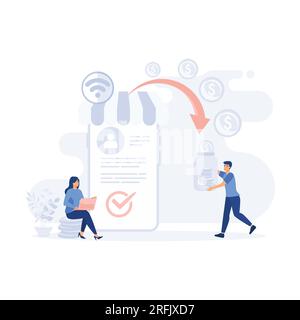 cash to electronic account on Internet to man, Guy made profit in finance. flat modern vector illustration Stock Vector