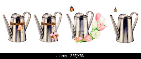 Watercolour drawn set of watering cans with beautiful pink and white tulip flowers, butterflies, heart decoration and name tag on white background Stock Photo