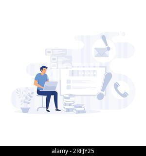 Tired young man working on her laptop, among piles of papers and documents. flat modern vector illustration Stock Vector