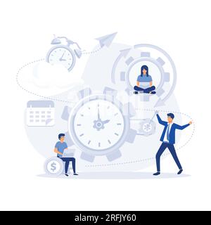 Time management, control. Businessman run along gear in form of clock. Organization of process, flat vector modern illustration Stock Vector