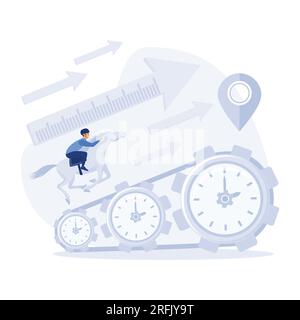 Time management, control. Businessman run along gear in form of clock. Organization of process, flat vector modern illustration Stock Vector