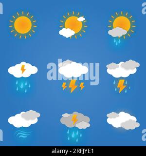 Cute weather cartoon style icons collection set, sticker weather icons isolated on blue gradient background Stock Vector