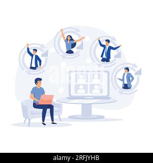 People Character working Remote at Home and using Laptop for Video Meeting with Colleagues and Friends, flat vector modern illustration Stock Vector