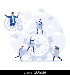 The concept of joint teamwork, building a business team. Vector illustration of working characters, people connecting pieces of puzzles, flat vector m Stock Vector