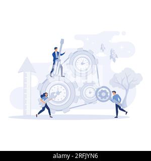 workers couple rotating cogwheels teamwork process concept man woman in overalls repairing mechanism, flat vector modern illustration Stock Vector